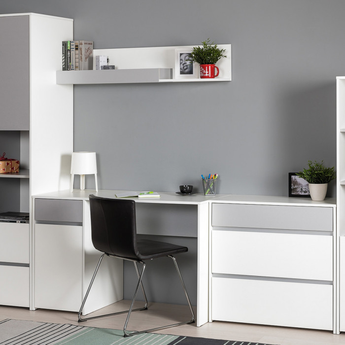 Торонто 12.149 Стол + 13.321 Комод + 16.475 Полка, цвет белый шагрень/стальной серый, ШхГхВ 200х53,1х150 см., универсальная сборка