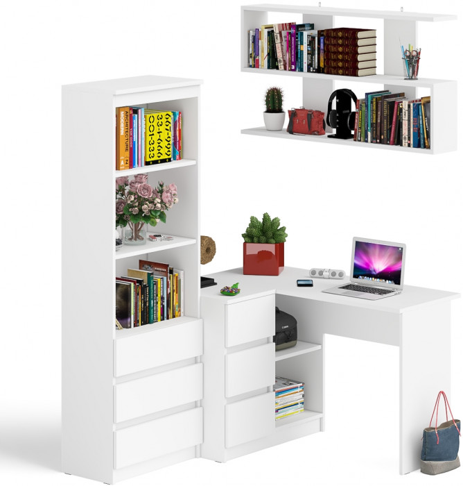 Мори компьютерный стол МС-16 левый + Стеллаж МСТ600.3 + Полка 1200, белый