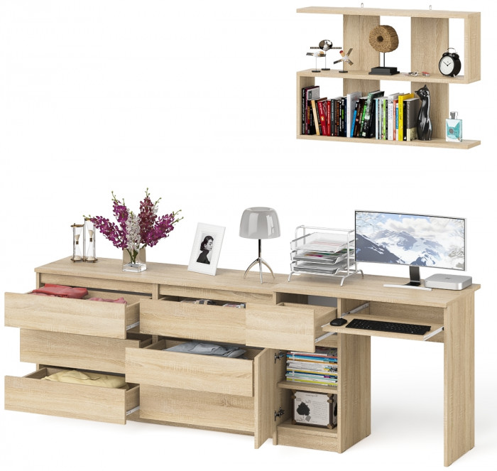 Мори Стол компьютерный МС-1 левый + Комод МК1380.6 + Полка 900, цвет дуб сонома, ШхГхВ 228х50х209,6 см., НЕ универсальная сборка