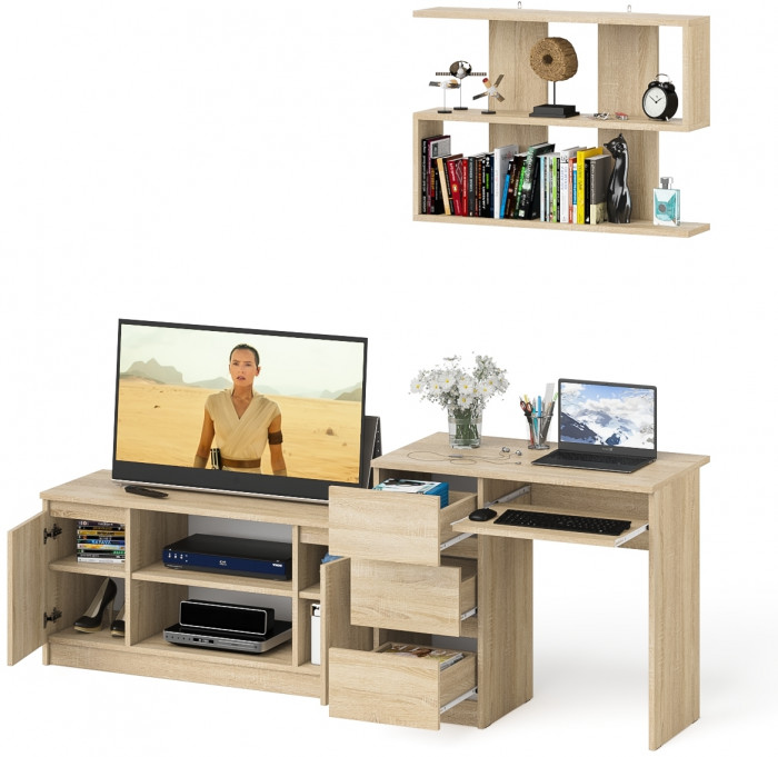 Мори Стол компьютерный МС-6 левый + Тумба МТВ1200.1 + Полка 900, цвет дуб сонома, ШхГхВ 210,4х50х209,6 см., НЕ универсальная сборка