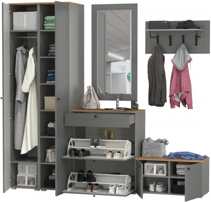 Остин Прихожая 46, цвет серый графит/дуб крафт золотой, ШхГхВ 240х54,3х229,6 см., универсальная сборка