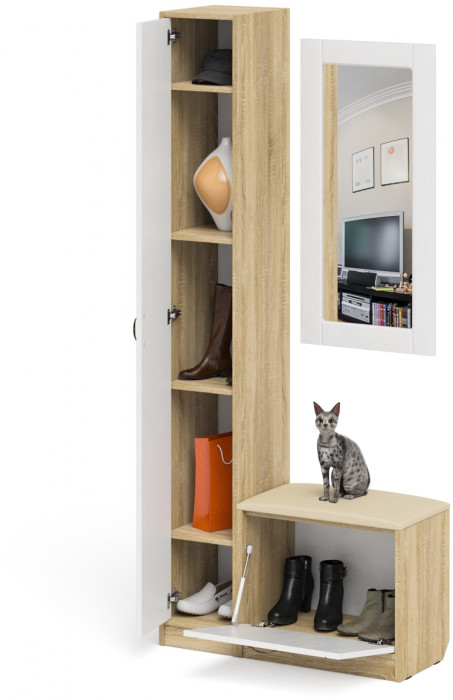 Прихожая П-6 Компоновка № 20, цвет дуб сонома/фасады МДФ белое дерево фрезеровка прованс, ШхГхВ 90х35х210 см., универсальная сборка