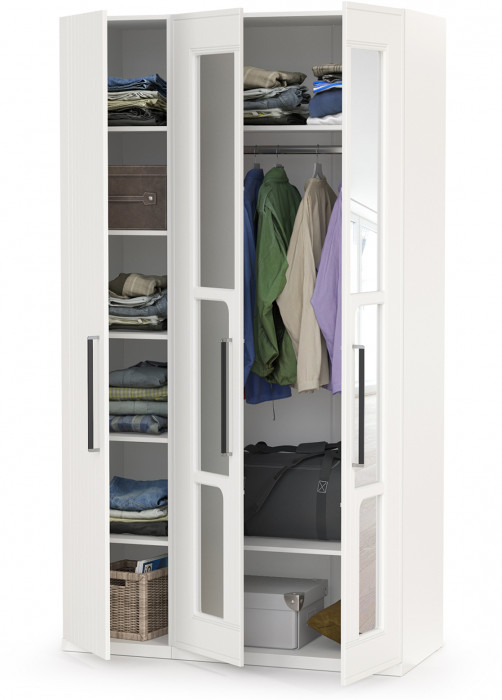 Валенсия Спальня Шкаф для одежды 3-х створчатый с зеркалами, ЛДСП белый шагрень/МДФ белый шагрень