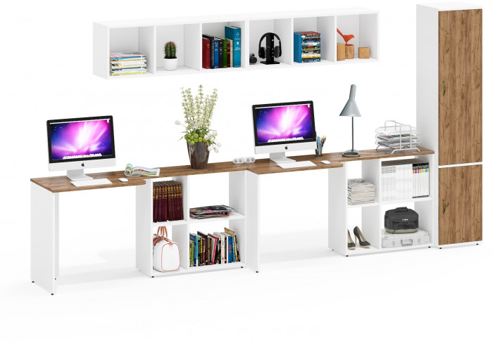 Лидер-8 Стол + Полка + Стол + Полка + Пенал МД 21Б, белый шагрень/крафт золото