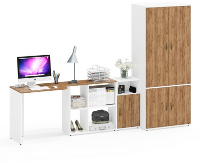 Лидер-8 Стол + Тумба МД 3.19 + Шкаф МД 19Б, белый шагрень/крафт золото