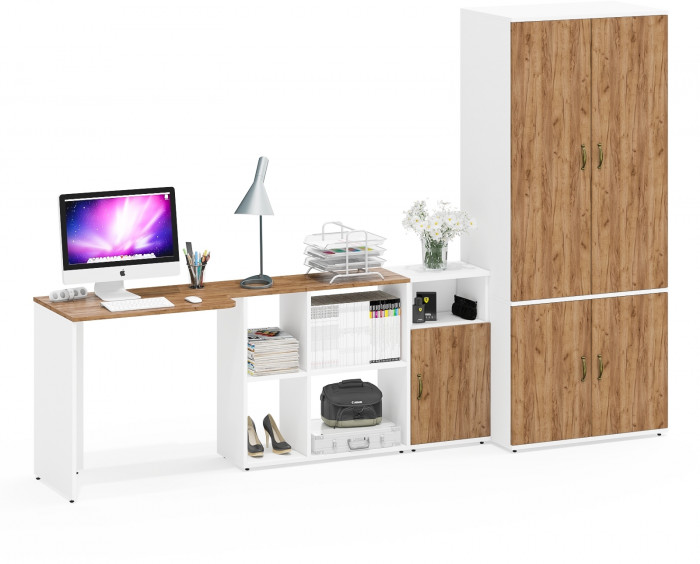 Лидер-8 Стол + Тумба МД 3.19 + Шкаф МД 19Б, белый шагрень/крафт золото