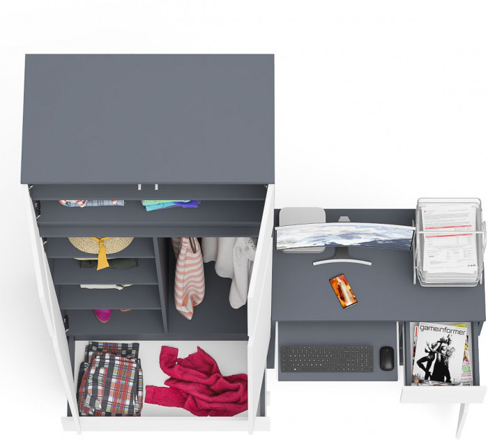 Мори компьютерный стол МС-1 правый + Шкаф МШ900.1 + Антресоль МА900.1, графит/белый