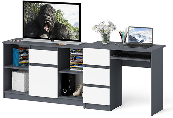 Мори компьютерный стол МС-6 левый + Тумба МТВ1204.1, графит/белый