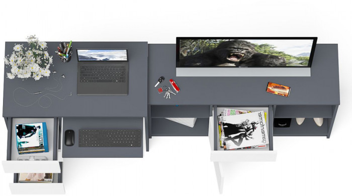 Мори компьютерный стол МС-6 левый + Тумба МТВ1204.1, графит/белый