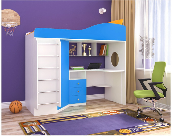 Кровать-чердак Кадет 1 с металлической лестницей (Белое дерево/Голубой)