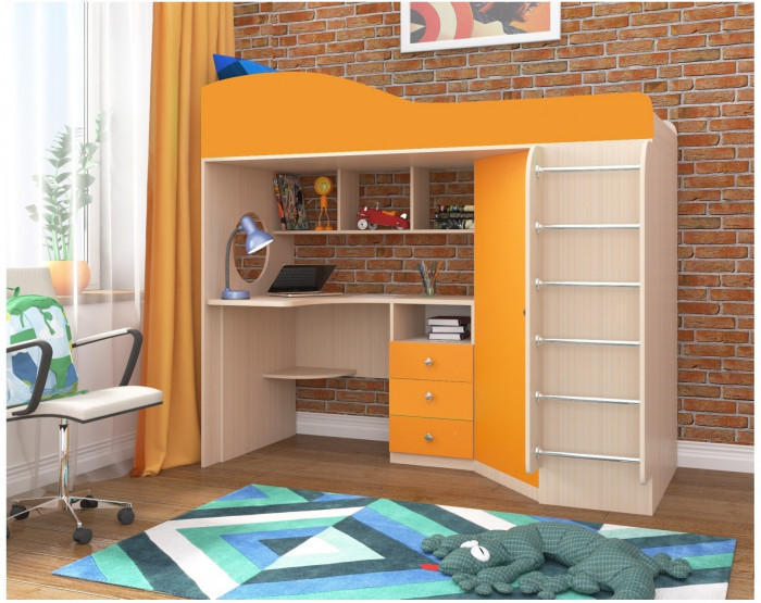 Кровать-чердак Кадет 1 с металлической лестницей (Белое дерево/Голубой)