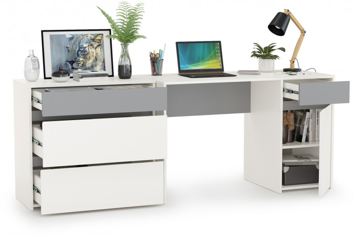 Торонто 12.149 Стол + 13.321 Комод, цвет белый шагрень/стальной серый, ШхГхВ 200х53,1х75,3 см., универсальная сборка