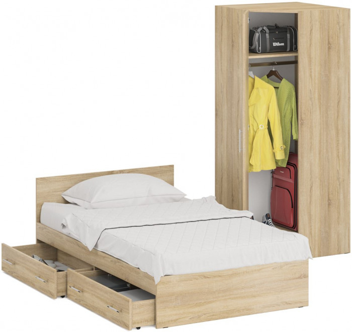 Кровать с ящиками 1200 + Шкаф угловой Стандарт, цвет дуб сонома, ШхГхВ 123,5х203,5х70 + 81,2х81,2х200 см., сп.м. 1200х2000 мм., б/м, основание есть