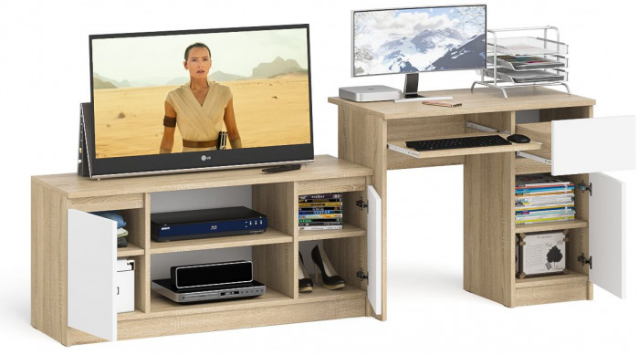 Мори Стол компьютерный МС-1 правый + Тумба МТВ1200.1, цвет дуб сонома/белый, ШхГхВ 210,4х50х76,6 см., выдвижной ящик справа, НЕ универсальная сборка