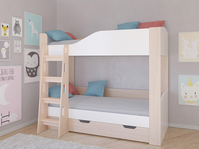 Кровать двухъярусная АСТРА 2 Дуб молочный/Белый с ящиком