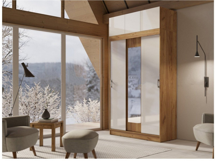 Бася Шкаф-купе с антресолью (Дуб Крафт Золотой / Белый Глянец)