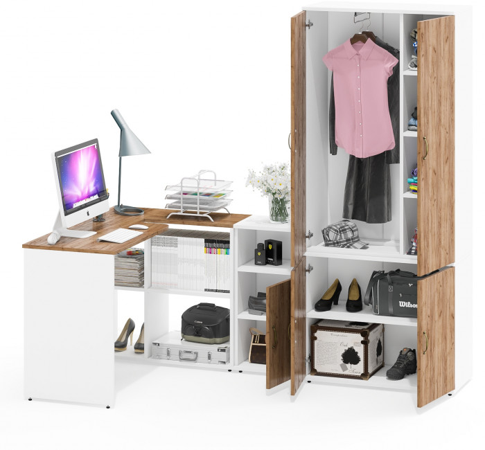 Лидер-8 Стол + Тумба МД 3.19 + Шкаф МД 20Б, белый шагрень/крафт золото