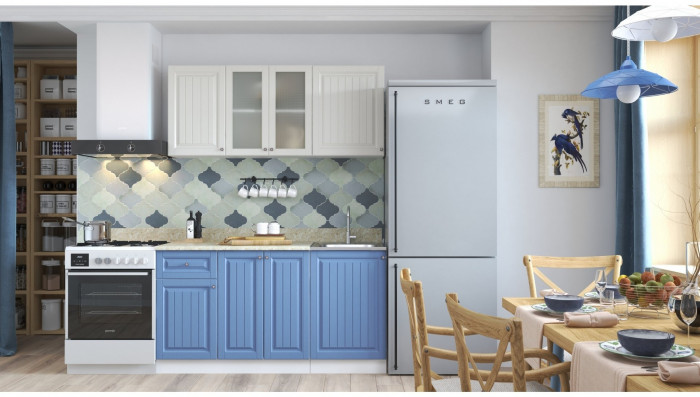 Кухня МДФ Хозяюшка 1500 (Магнолия / Деним, Белый)