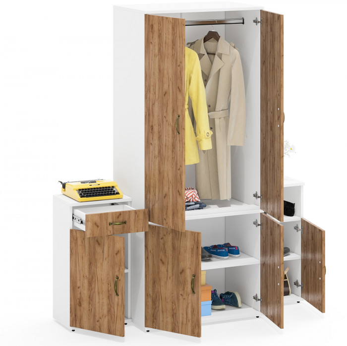 Лидер-8 Шкаф МД 19Б + Тумба МД 3.15 + Тумба МД 3.19, цвет белый шагрень/крафт золото, ШхГхВ 160х50х190 см., универсальная сборка