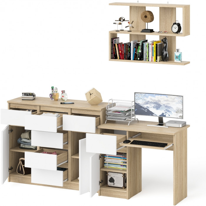 Мори Стол компьютерный МС-1 левый + Комод МК1200.4 + Полка 900, цвет дуб сонома/белый, ШхГхВ 210,4х50х209,6 см., НЕ универсальная сборка