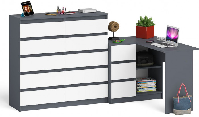 Мори Стол компьютерный МС-16 левый + Комод МК1200.10, цвет графит/белый, ШхГхВ 244,8х84,9х115 см., выдвижные ящики слева, НЕ универсальная сборка