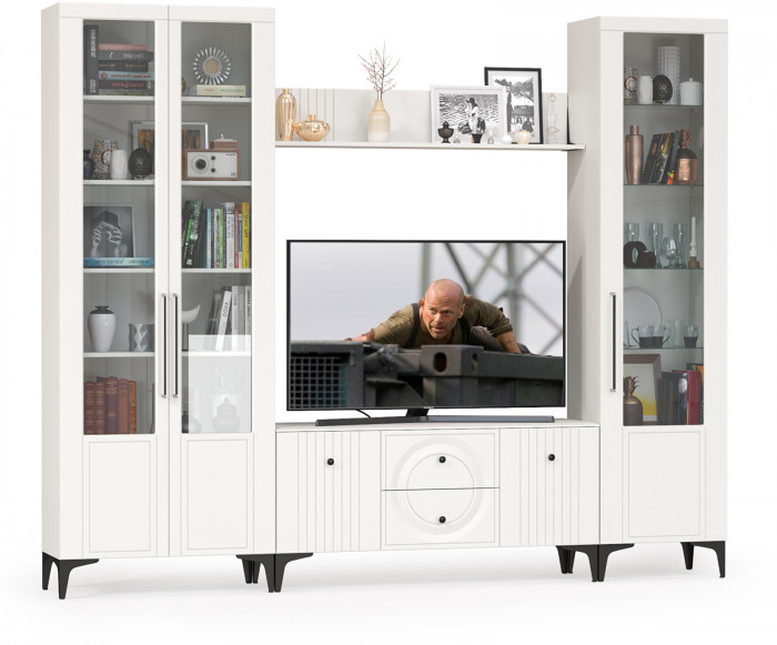 Валенсия Гостиная № 060, цвет ЛДСП белый шагрень/МДФ белый шагрень, ШхГхВ 272,2х38,3х225,2 см., ниша для ТВ 133х38х117 см., универсальная сборка