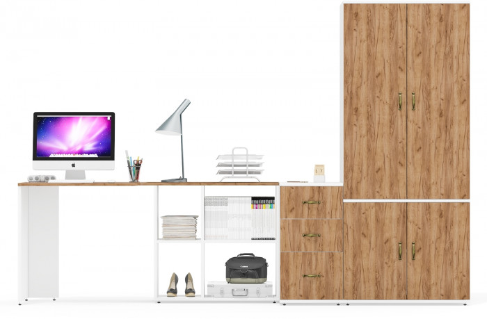 Лидер-8 Стол + Тумба МД 3.16 + Шкаф МД 19Б, белый шагрень/крафт золото