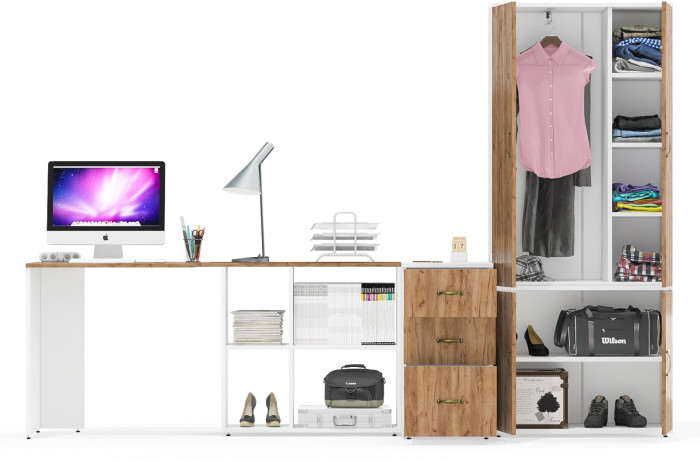 Лидер-8 Стол + Тумба МД 3.16 + Шкаф МД 19Б, белый шагрень/крафт золото