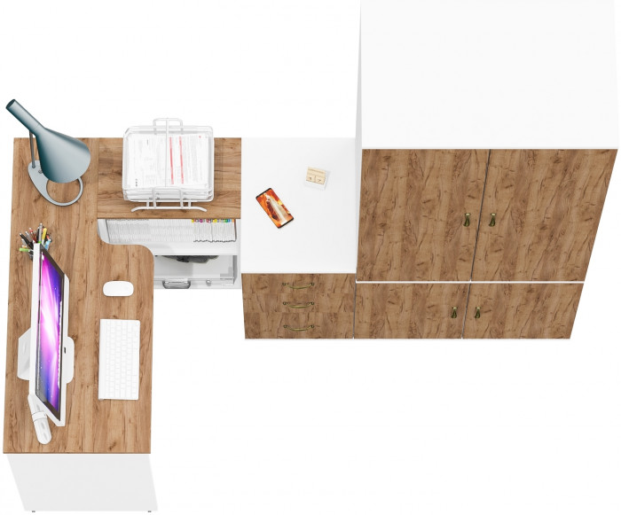 Лидер-8 Стол + Тумба МД 3.16 + Шкаф МД 19Б, белый шагрень/крафт золото