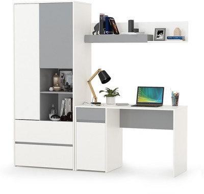 Торонто 12.149 Стол + 13.333 Шкаф для одежды + 16.475 Полка, цвет белый шагрень/стальной серый, ШхГхВ 200х53,1х195,7 см., универсальная сборка