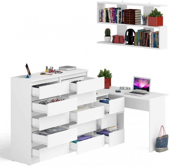 Мори компьютерный стол МС-16 левый + Комод МК1200.10 + Полка 1200, белый