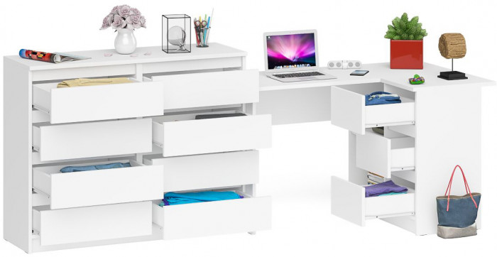Мори Стол компьютерный МС-16 правый + Комод МК1200.8, цвет белый, ШхГхВ 244,8х84,9х94 см., выдвижные ящики справа, НЕ универсальная сборка