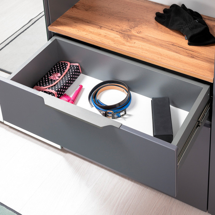 Октава 16.127 Тумба для обуви + 16.127 Тумба + 16.127 Тумба, цвет серый графит/дуб крафт золотой/фасады МДФ серый графит, ШхГхВ 194,7х35,4х62,2 см.