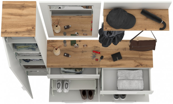 Октава Прихожая 44, цвет белый шагрень/дуб крафт золотой/фасады МДФ белый шагрень, ШхГхВ 162х35,4х197,6 см., универсальная сборка