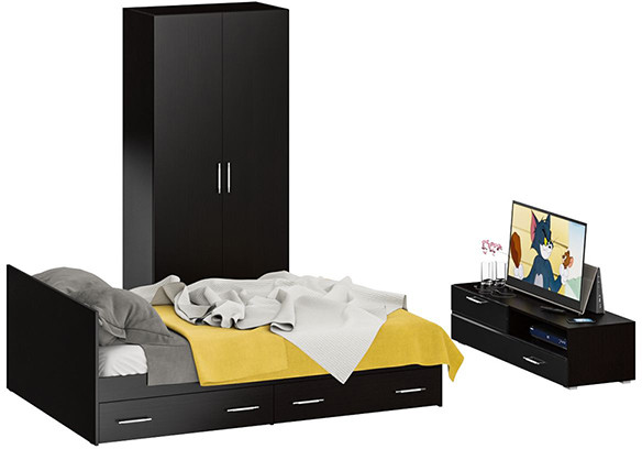 Спальня Стандарт 3-1400Я, венге/фасады ТВ тумбы МДФ чёрный глянец