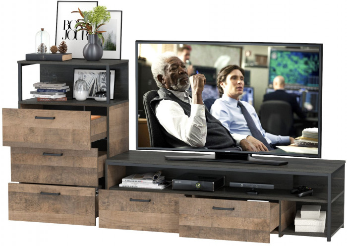 Трувор 13.70 Тумба под ТВ + 13.307.02 Комод с ящиками, дуб гранж песочный/интра