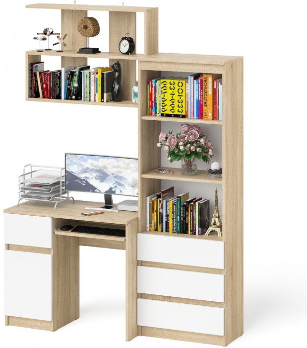 Мори компьютерный стол МС-1 левый + Стеллаж МСТ600.3 + Полка 900, дуб сонома/белый