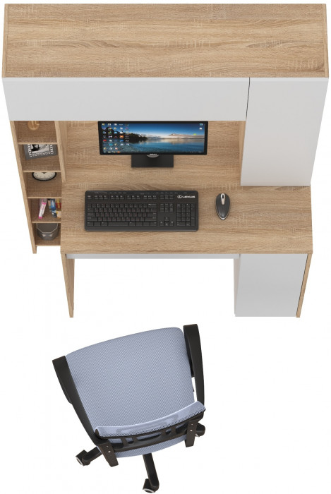 КР100 Стол компьютерный Комфорт 12.71 + кресло 103 серое, цвет дуб сонома/белый, ШхГхВ 116,7х60,2х165,4 см., НЕ универсальная сборка
