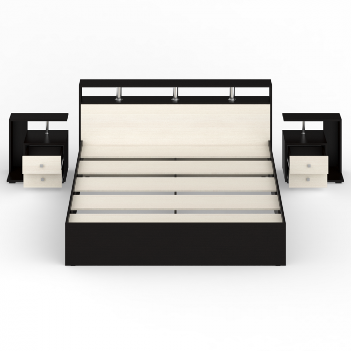 Камелия Кровать 1800 + две тумбы, цвет венге/дуб лоредо, ШхГхВ 296х217х78,2 см., сп.м. 1800х2000 мм., без матраса, основание есть