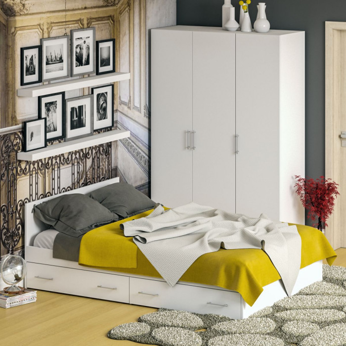 Спальня Стандарт 1-1400Я, цвет белый, ШхГхВ 143,5х203,5х70 + 135х52х200 см., сп.м. 1400х2000 мм., без матраса, основание есть