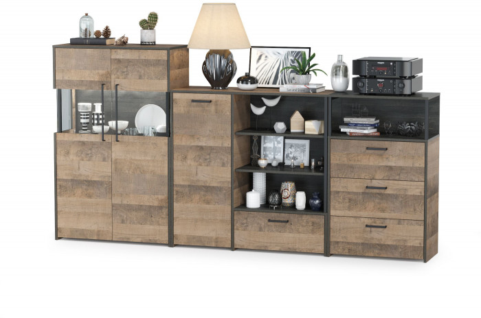 Трувор 13.307.01 Комод + 13.306 Комод с витриной + 13.307.02 Комод с ящиками, цвет дуб гранж песочный/интра, ШхГхВ 260,8х37х135,3 см., ун. сборка