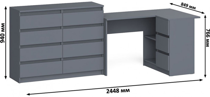 Мори Стол компьютерный МС-16 правый + Комод МК1200.8, цвет графит, ШхГхВ 244,8х84,9х94 см., выдвижные ящики справа, НЕ универсальная сборка