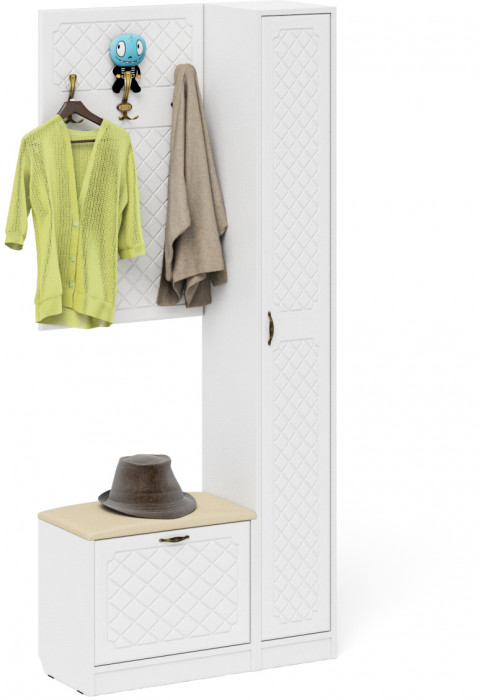 Прихожая П-6 Компоновка № 21, цвет белая шагрень/фасады МДФ белое дерево фрезеровка ромб, ШхГхВ 90х35х210 см., универсальная сборка