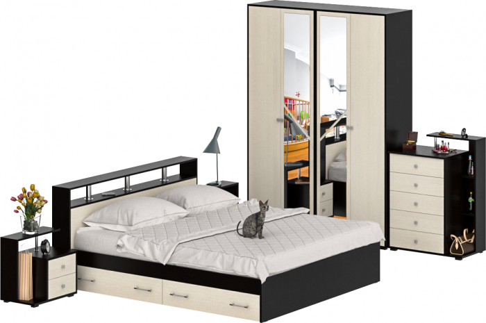 Камелия спальня № 11 Кровать с ящиками 1800 + Две тумбы + Комод + Шкаф 4-х створчатый, венге/дуб лоредо