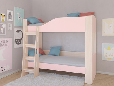 Кровать двухъярусная АСТРА 2 Дуб молочный/Розовый без ящика