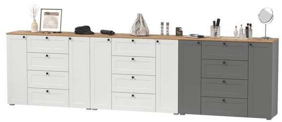 Остин 16.221 Комод + 16.221 Комод + 16.221 Комод, цвет белый шагрень/серый графит/дуб крафт золотой, ШхГхВ 360х41,9х99,3 см., универсальная сборка