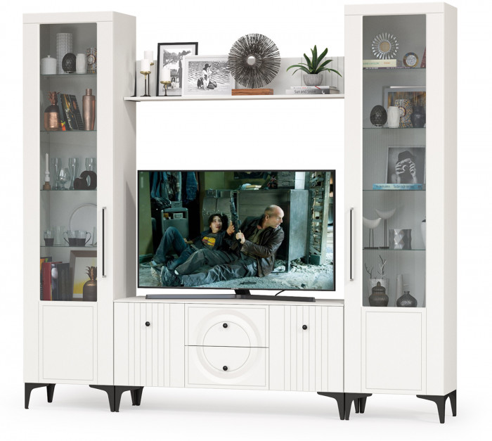 Валенсия Гостиная № 062, цвет ЛДСП белый шагрень/МДФ белый шагрень, ШхГхВ 243,1х38,3х225,2 см., ниша для ТВ 133х38х117 см.