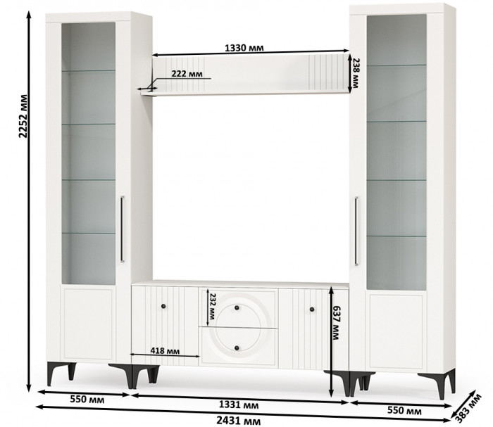 Валенсия Гостиная № 062, цвет ЛДСП белый шагрень/МДФ белый шагрень, ШхГхВ 243,1х38,3х225,2 см., ниша для ТВ 133х38х117 см.