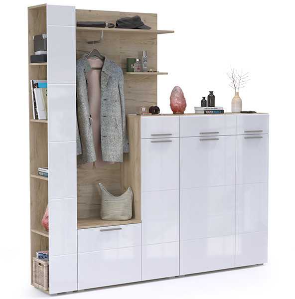 Лайн Прихожая № 09, дуб крафт серый/фасады МДФ белый глянец