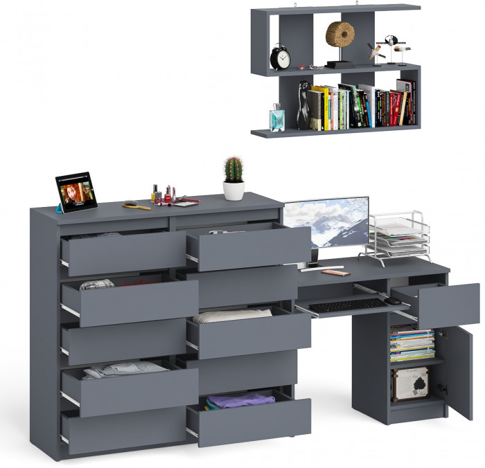 Мори компьютерный стол МС-1 правый + Комод МК1200.10 + Полка 900, графит